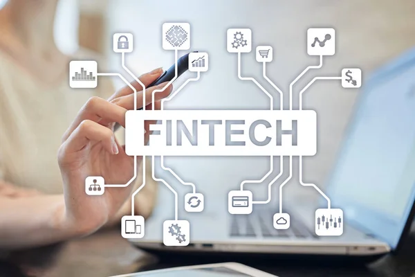 Fintech. Texto de tecnología financiera en pantalla virtual. Concepto de negocio, internet y tecnología . — Foto de Stock