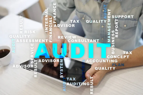 Audit business concept. Auditor. Compliance. Virtual screen technology. Words cloud. — Stock Photo, Image