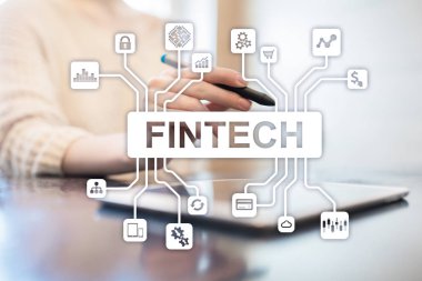 Fintech. Sanal ekran metni Finans teknolojileri. İş, internet ve teknoloji kavramı. 