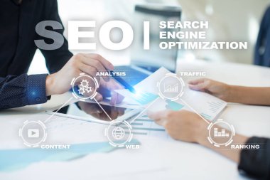 SEO. Arama Motoru Optimizasyonu. Dijital online pazarlama andinetrmet teknoloji kavramı. 