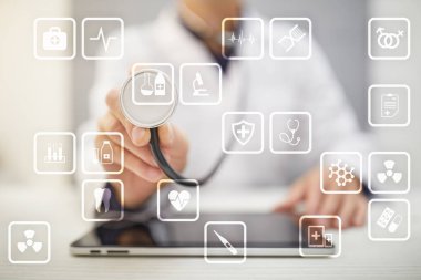 Sanal ekran tıbbi simgeleri. Tıp modern teknoloji.