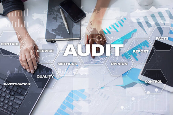 Audit business concept. Auditor. Compliance. Virtual screen technology.