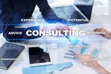 Danışmanlık iş kavramı. Metin ve sanal ekran simgeleri.