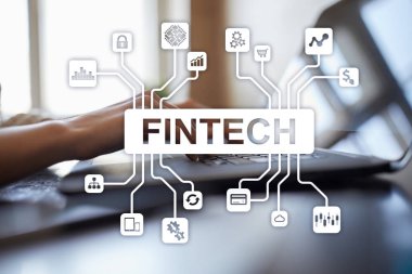Fintech. Sanal ekran metni Finans teknolojileri. İş, internet ve teknoloji kavramı. 