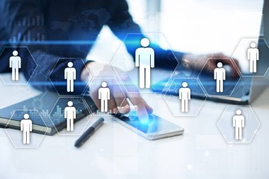 İnsan kaynakları yönetimi, insan kaynakları, işe alım, liderlik ve ekip oluşturma. İş ve teknoloji kavramı.