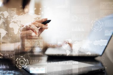 İş süreci, iş akışı grafikler, çizelgeler ve sanal ekran simgeleri. Modern bilgisayar ve otomasyon teknolojisi kavramı