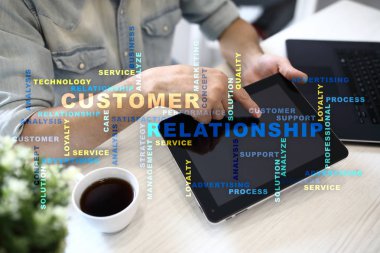 Müşteri ilişkisi yönetimi kavramı sanal ekran üzerinde. Kelime bulutu.