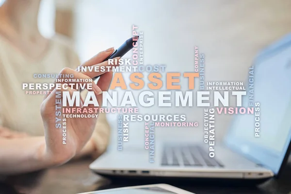 Asset management on the virtual screen. Business concept. Words cloud.