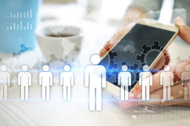 İnsan kaynakları yönetimi, insan kaynakları, işe alım, liderlik ve ekip oluşturma. İş ve teknoloji kavramı.