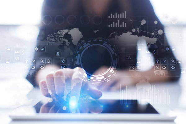 Internet, Business and technology concept. Icons, diagrams and graphs background on virtual screen.