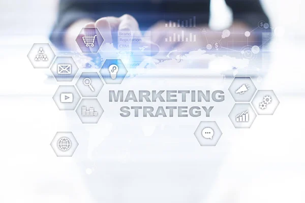 Marketing strategy concept on virtual screen. Internet, advertising and digital technology concept. Sales growth. — Stock Photo, Image