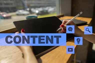 Sanal ekran içerik metni. İş kavramı, teknoloji ve internet. 