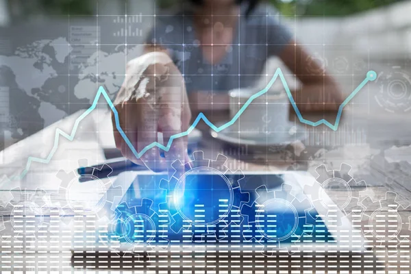 Data analyse grafiek op virtueel scherm. Financiën en technologie bedrijfsconcept. — Stockfoto