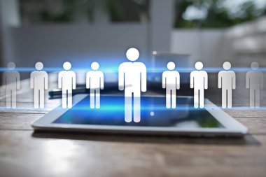 İnsan kaynakları yönetimi, insan kaynakları, işe alım, liderlik ve ekip oluşturma. İş ve teknoloji kavramı.