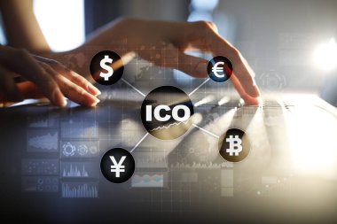 ICO, ilk para sunan. Dijital elektronik ikili para finansal kavramı. Bitcoin Döviz Alım Satım