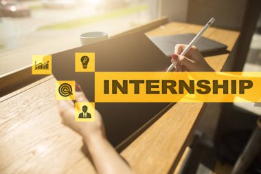 Sanal ekran staj metni. İş, eğitim ve Internet kavramı. 