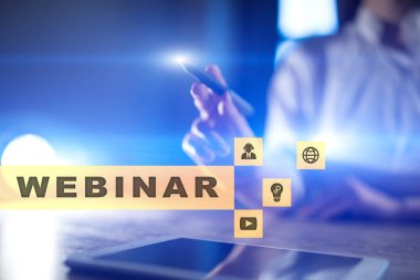 Webinar. E-eğitim, Online Eğitim kavramı. Kişisel gelişim. Sanal ekran.