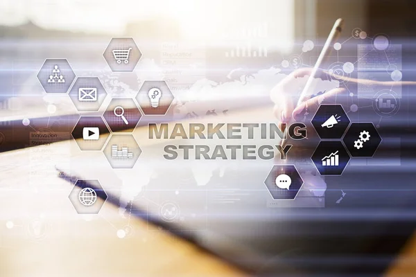 Marketing strategy concept on virtual screen. Internet, advertising and digital technology concept. Sales growth. — Stock Photo, Image