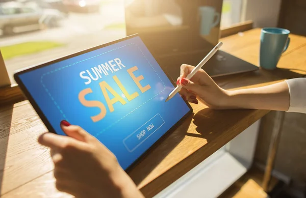 Summer sale, low price offer on device screen. E-commerce and marketing concept.