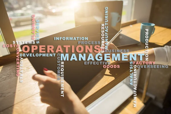 Operation management concept. Words cloud on virtual screen.