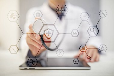 Sanal ekran üzerinde tıbbi kavramı. Sağlık. Online Tıbbi Danışma ve sağlık kontrol, Emr, Ehr.