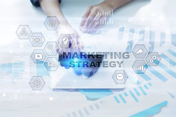 Marketing strategy concept on virtual screen. Internet, advertising and digital technology concept. Sales growth. — Stock Photo, Image