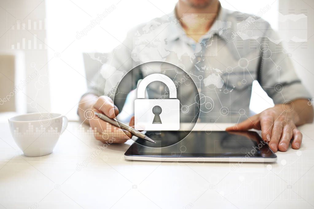 Cyber security, Data protection, information safety and encryption. internet technology and business concept. Virtual screen with padlock icons.