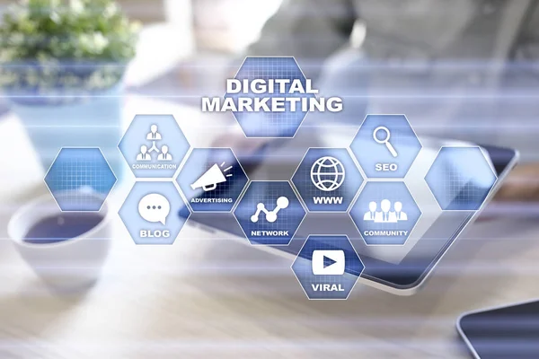 Digitale technologie marketingconcept. Internet. Online. Zoekmachineoptimalisatie. SEO. Smm. reclame. — Stockfoto