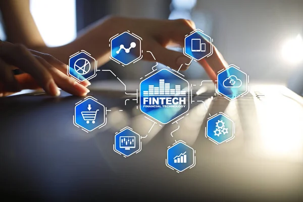 Fintech - tecnologia financeira digital. Blockchain e criptomoeda . — Fotografia de Stock