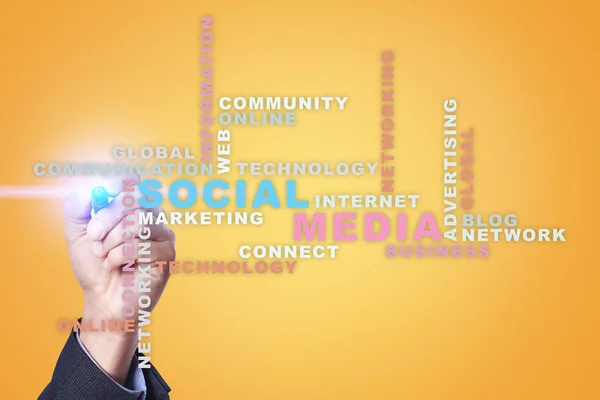 Netwerk van sociale media en marketing. Business, technologie concept. Wolk van woorden op virtueel scherm. — Stockfoto