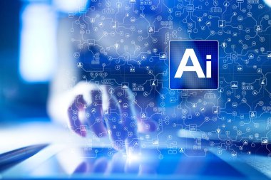 AI, yapay zeka, Makine öğrenimi, sinir ağları ve modern teknolojiler kavramlar. Çok ve otomasyon.