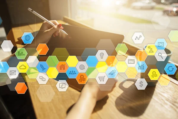 Colored applications icons and graphs on virtual screen. Business, internet and technology concept. — Stock Photo, Image