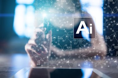 AI, yapay zeka, Makine öğrenimi, sinir ağları ve modern teknolojiler kavramlar. Çok ve otomasyon.