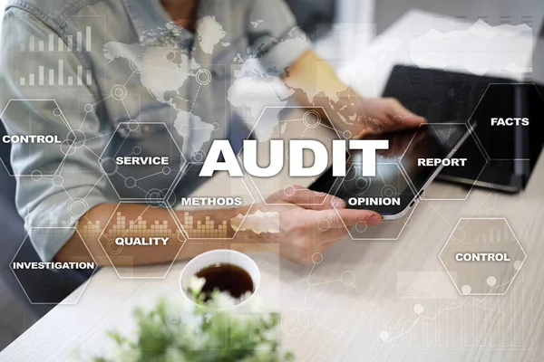 Audit business concept. Auditor. Compliance. Virtual screen technology.