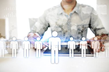 İnsan kaynakları yönetimi, insan kaynakları, işe alım, liderlik ve ekip oluşturma. İş ve teknoloji kavramı.