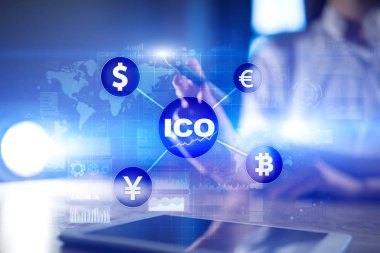 ICO, ilk para sunan. Dijital elektronik ikili para finansal kavramı. Bitcoin Döviz Alım Satım