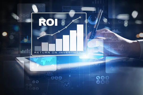 Roi、投资回报率和技术概念。虚拟屏幕背景. — 图库照片