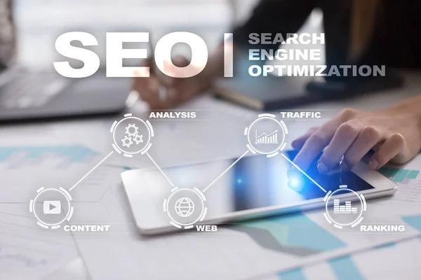 SEO. Zoekmachineoptimalisatie. Digitale online marketing en Internet technologie concept. — Stockfoto