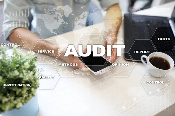 Audit business concept. Auditor. Compliance. Virtual screen technology.