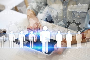 İnsan kaynakları yönetimi, insan kaynakları, işe alım, liderlik ve ekip oluşturma. İş ve teknoloji kavramı.