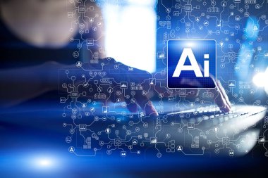 AI, yapay zeka, Makine öğrenimi, sinir ağları ve modern teknolojiler kavramlar. Çok ve otomasyon.