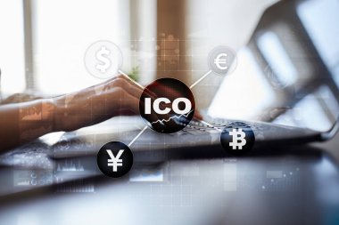 ICO, ilk para sunan. Dijital elektronik ikili para finansal kavramı. Bitcoin Döviz Alım Satım