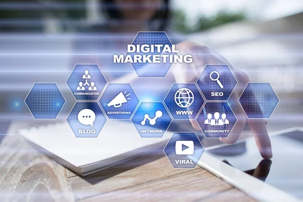 Digitale technologie marketingconcept. Internet. Online. Zoekmachineoptimalisatie. SEO. Smm. Video reclame. — Stockfoto