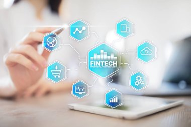 Fintech. Sanal ekran metni Finans teknolojileri. İş, internet ve teknoloji kavramı.