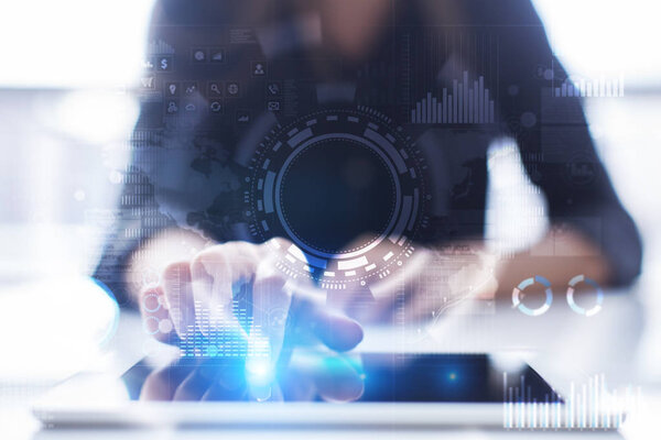 Internet, Business and technology concept. Icons, diagrams and graphs background on virtual screen.