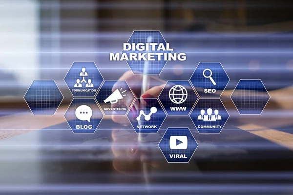 Digitale technologie marketingconcept. Internet. Online. Zoekmachineoptimalisatie. SEO. Smm. Video reclame. — Stockfoto