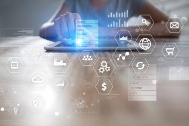 İş ve teknoloji kavramı. Grafikler ve sanal ekran arka planı simgeleri.