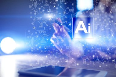 AI - yapay zeka, akıllı teknoloji ve yenilik sanayi iş ve yaşam konsepti üzerine sanal ekran içinde.