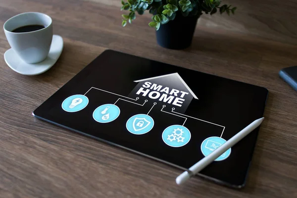 Smart home concept, control panel software on device screen.