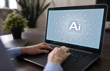 AI - yapay zeka, akıllı teknoloji ve yenilik sanayi iş ve yaşam konsepti üzerine sanal ekran içinde.